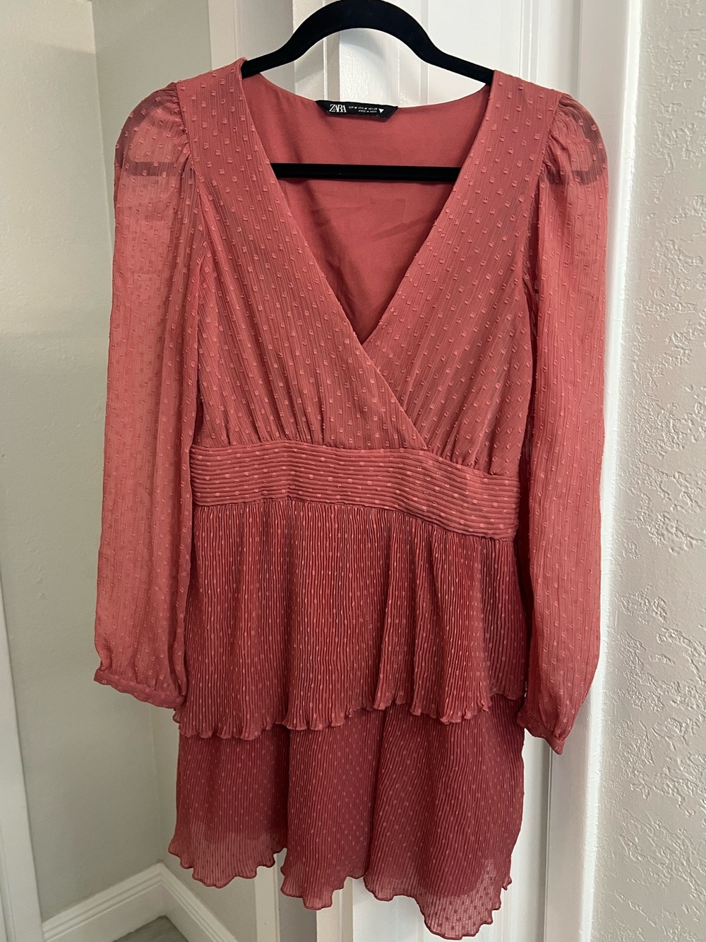 Zara Rose Blush V-Neck Long Sleeve Tiered Mini Dress